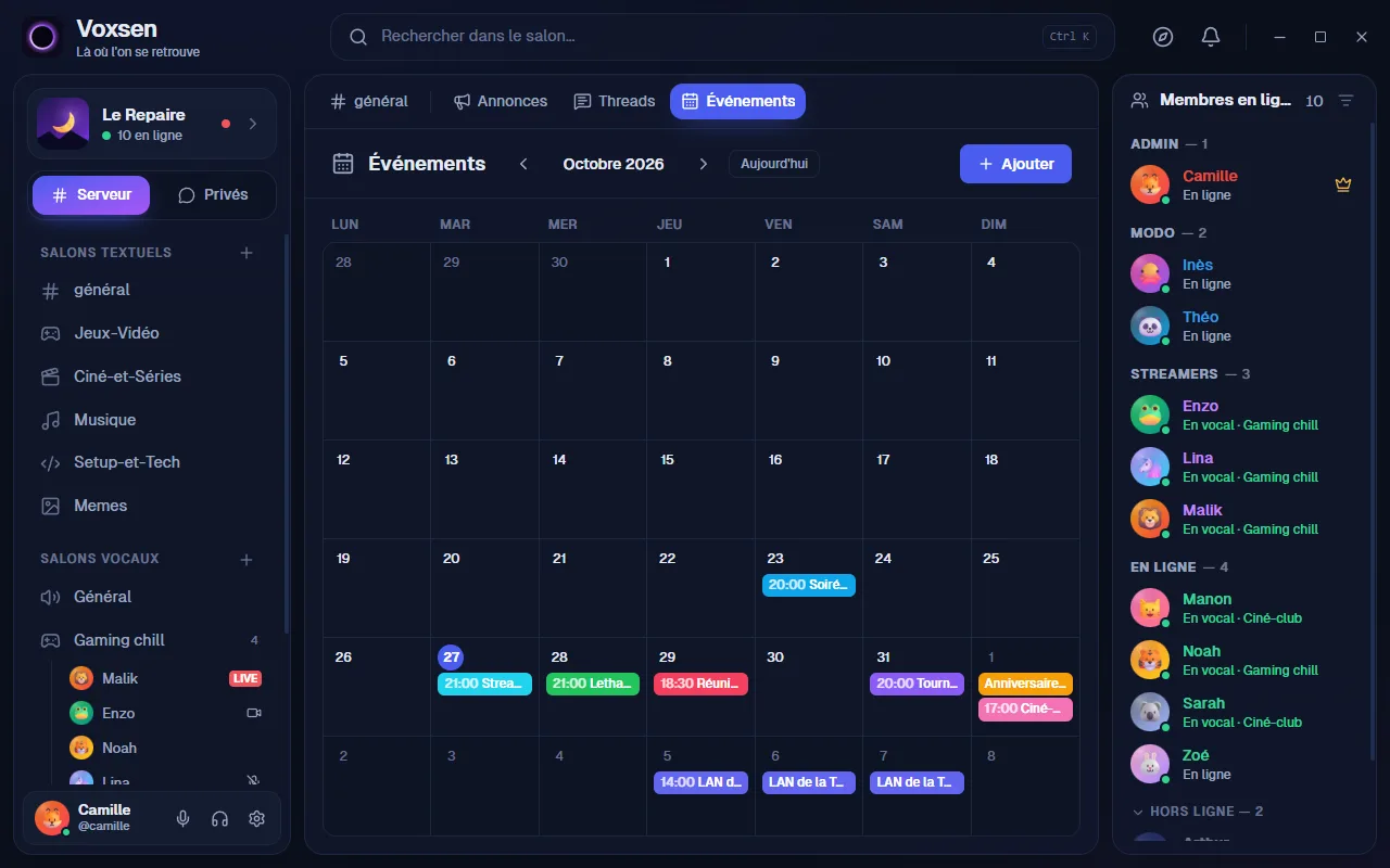 Le calendrier des événements de Voxsen, avec la liste des prochains rendez-vous.